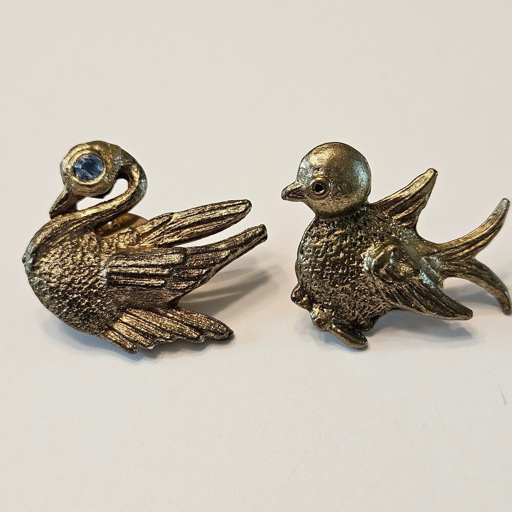 Vintage Bird Pair: Gold Toned Swan with Green Eye and Pheasant in Flight